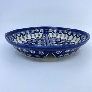 vintage boleslawiec polish pottery divided bowl "peacock" pattern handcrafted